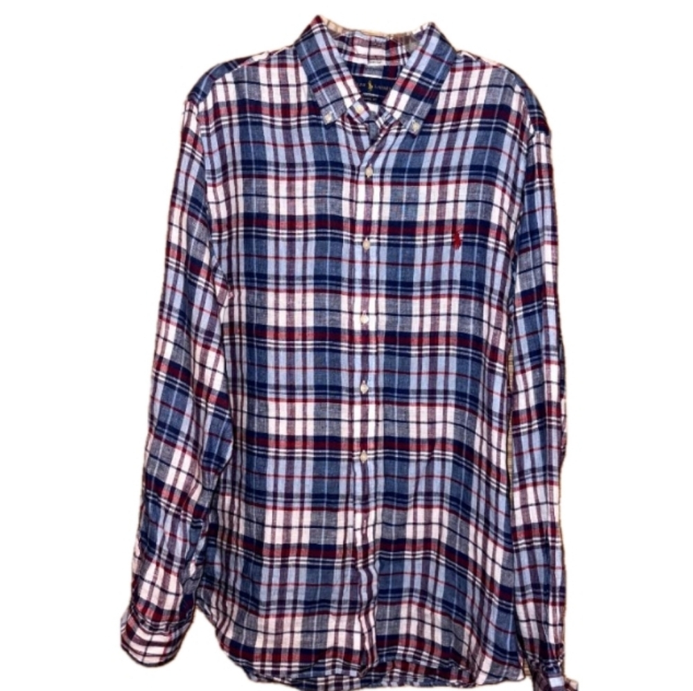 Ralph Lauren Men's Blue and Red Plaid Classic Fit Shirt Size Large NWT